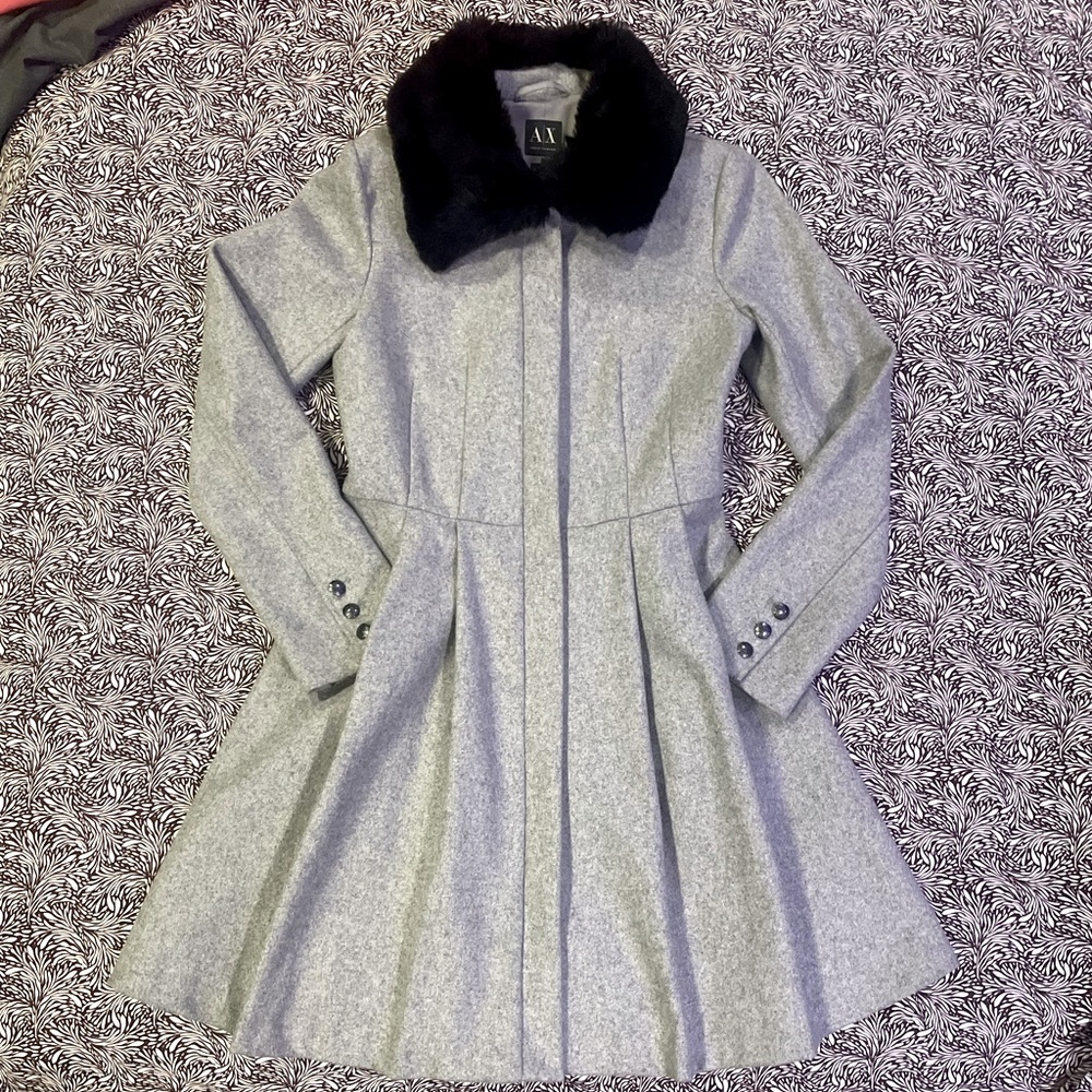 Armani Exchange Pleated Wool Coat with Faux Fur Collar